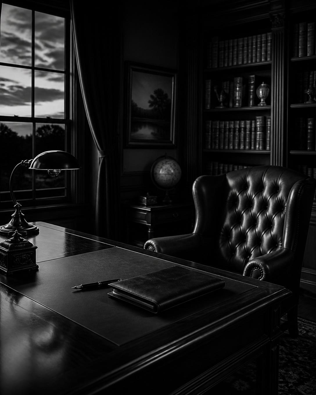 Executive study at dusk — leather chair, mahogany desk, and library symbolizing the founder's workspace